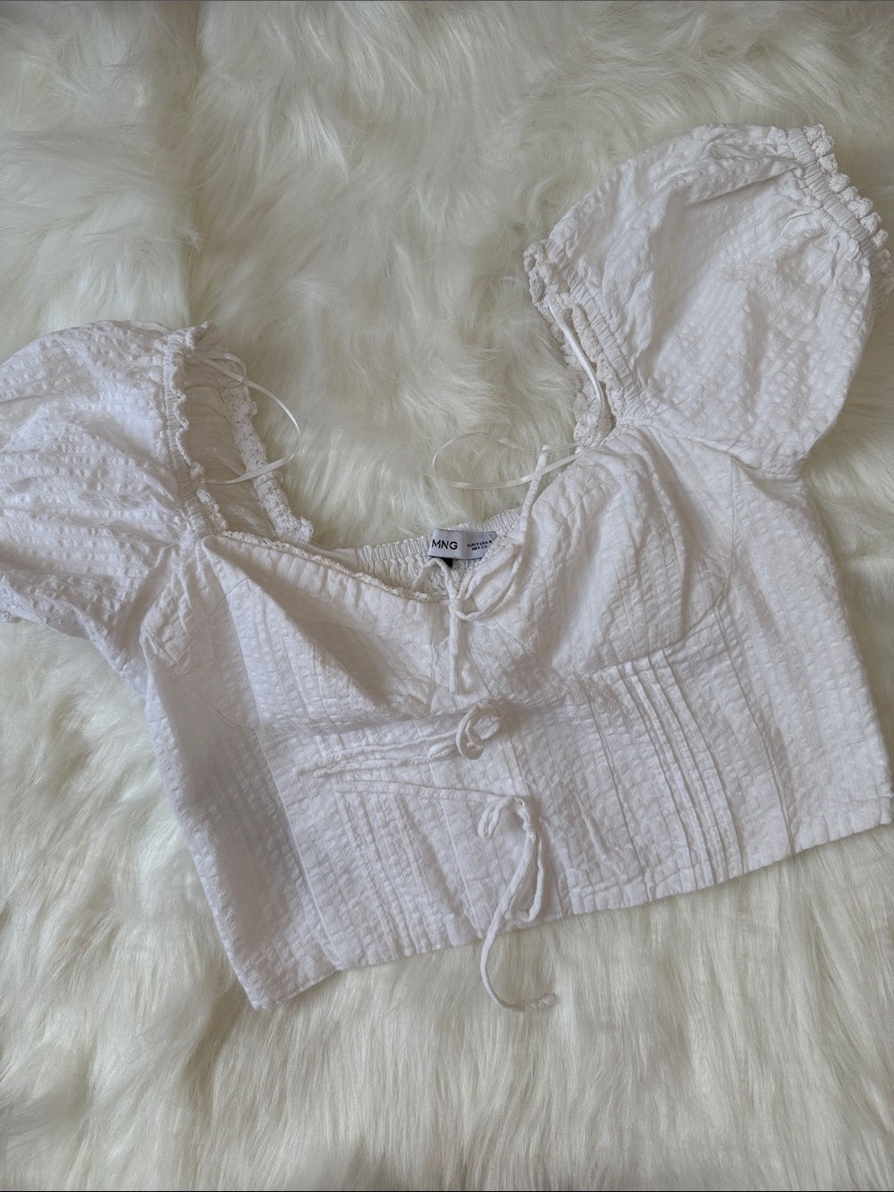 Mango Cream Puff Sleeve Crop Top with Front Ties